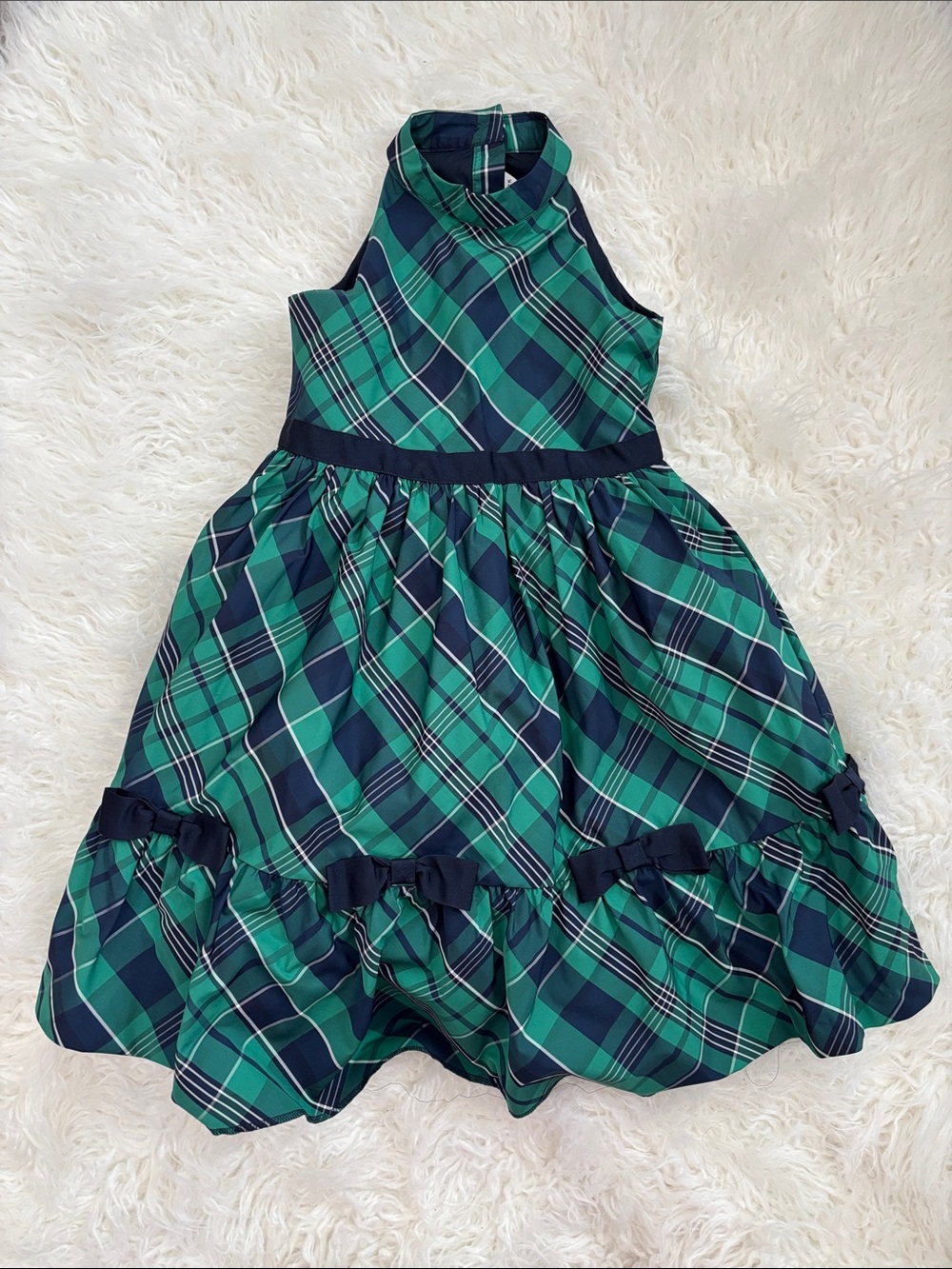 Janie and Jack Girls Green & Navy Plaid Holiday Dress with Bow Accents size 6